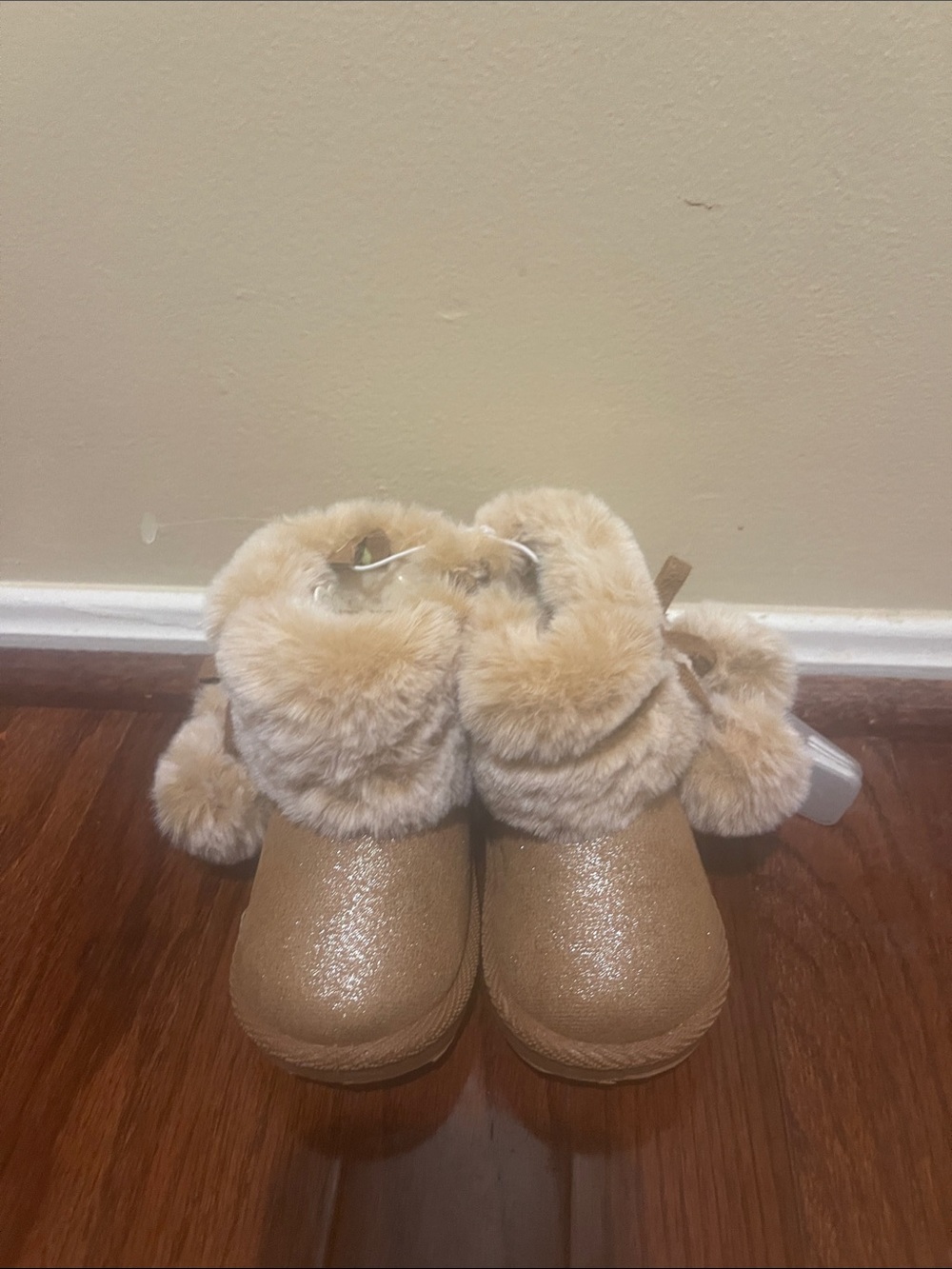 Kids Faux Fur Pom Pom Boots - Tan Glitter